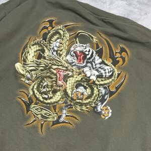 Vintage Top Heavy Shirt Men L Green Tiger Dragon Tribal Sleeve Print Stained Y2K